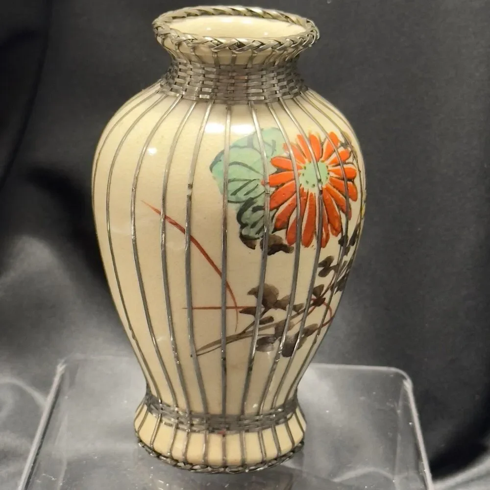 Japanese Meiji period Awaji Vase w/silver basket weave overlay pottery floral de
